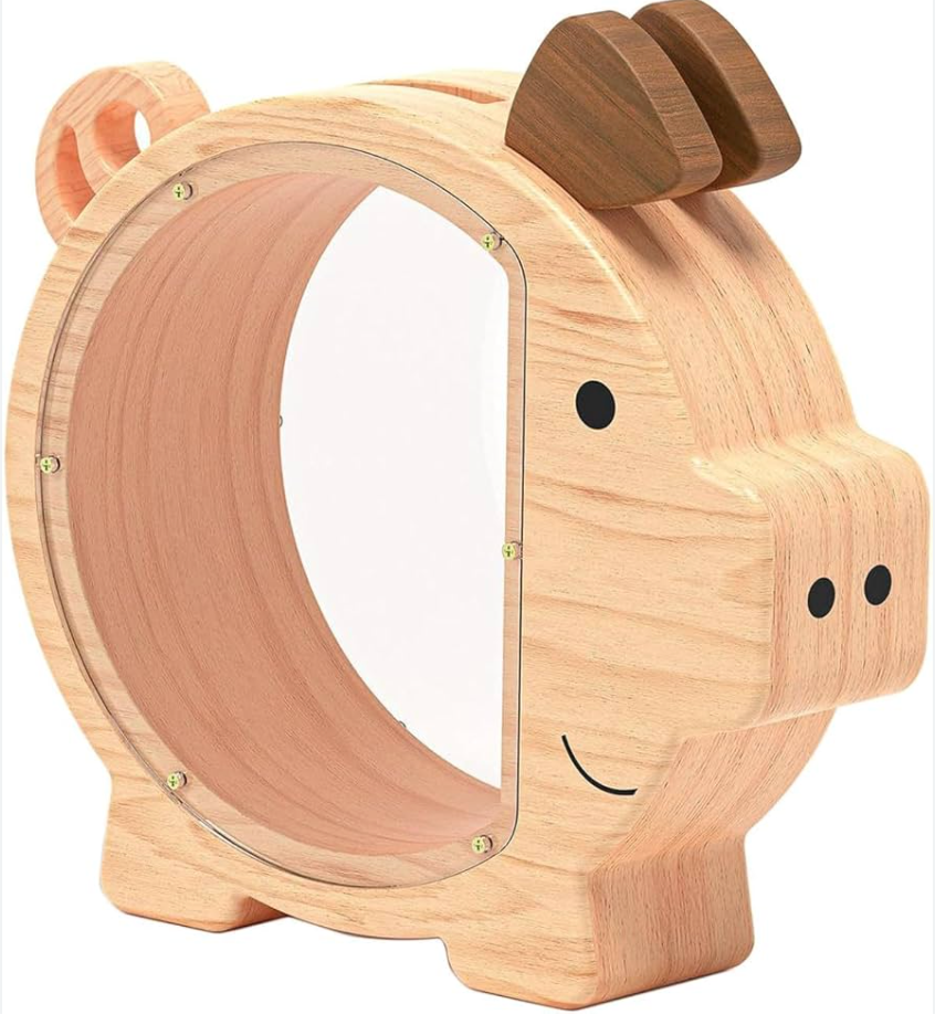 Wooden Piggy Banks for Kids, Boys and Girls - Transparent Piggy Bank